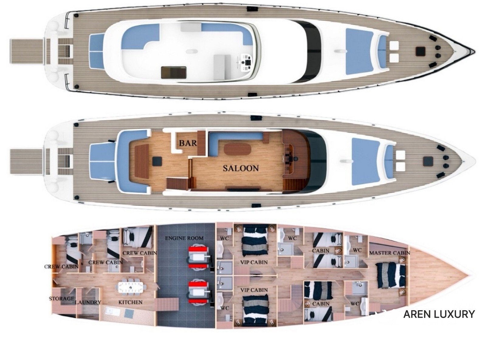 Modern luxury cabin interior of Angelo 3 motorsailer with a large bed, en-suite bathroom, and circular porthole window.