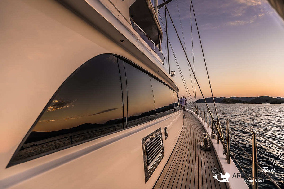Angelo 3 motorsailor charter Turkey side deck view at sunset in the Mediterranean