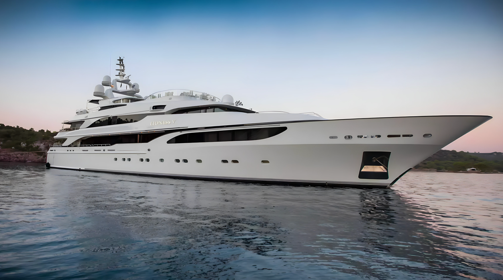 Exterior profile of the 63m Lioness V yacht charter cruising the Mediterranean.