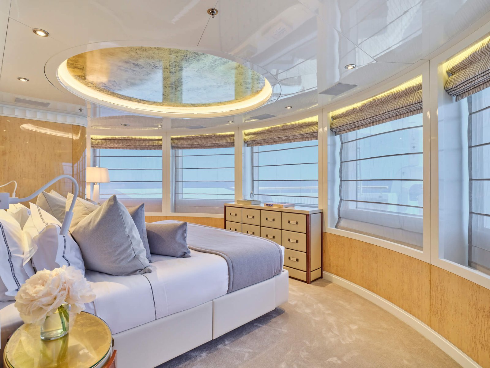 Luxury upper deck master suite on the SEAKID II yacht charter with 180-degree views.