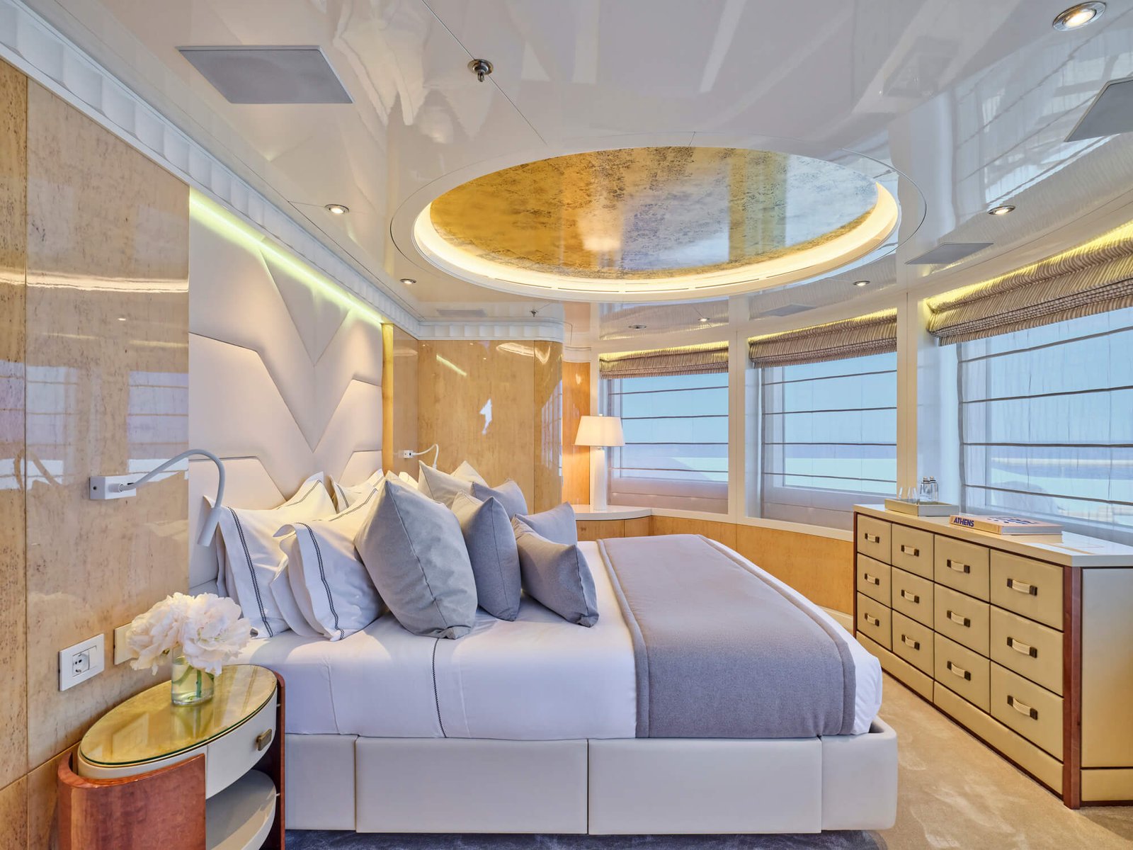 Luxury upper deck master suite on the SEAKID II yacht charter with 180-degree views.