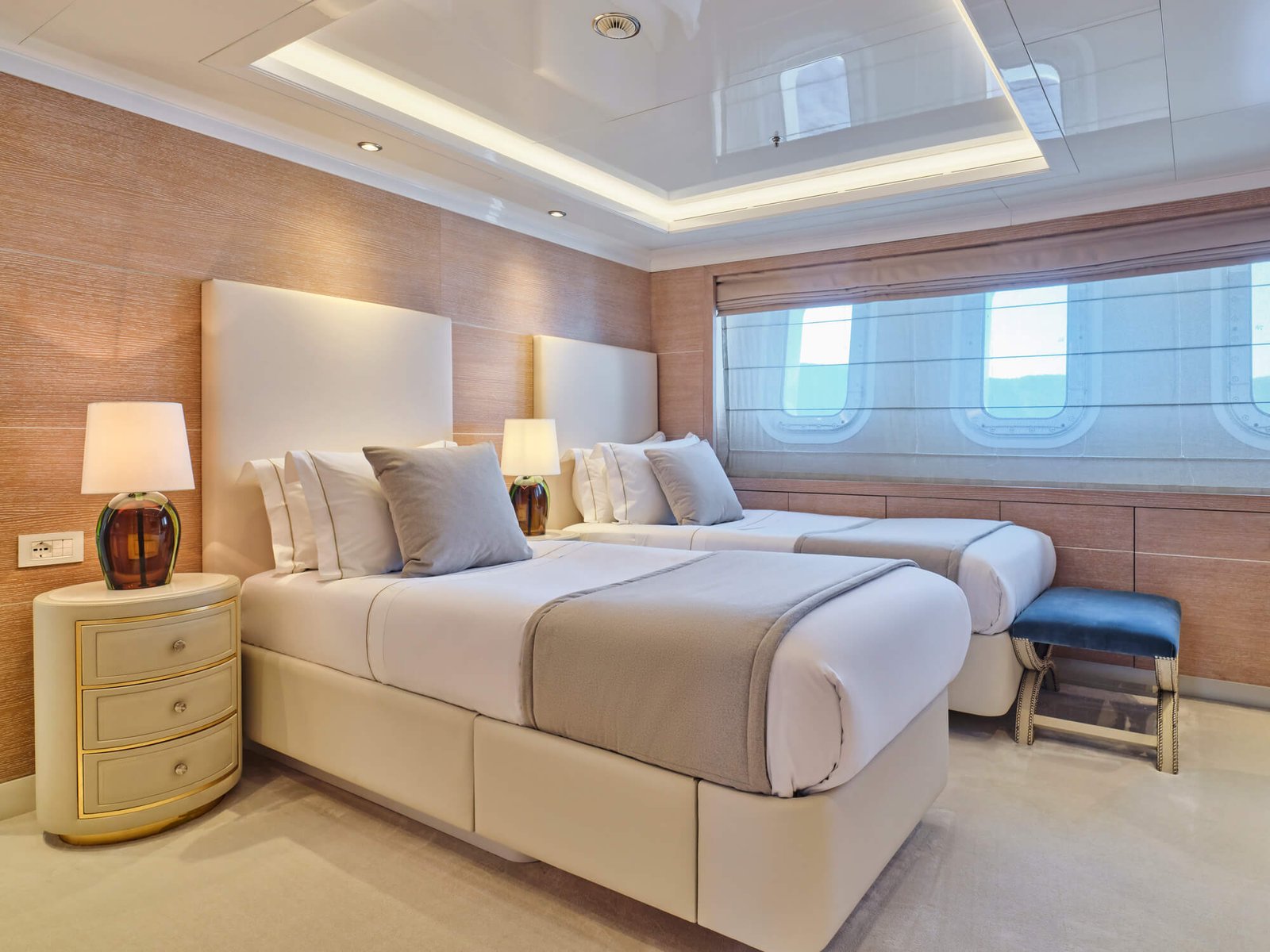 Luxury upper deck master suite on the SEAKID II yacht charter with 180-degree views.