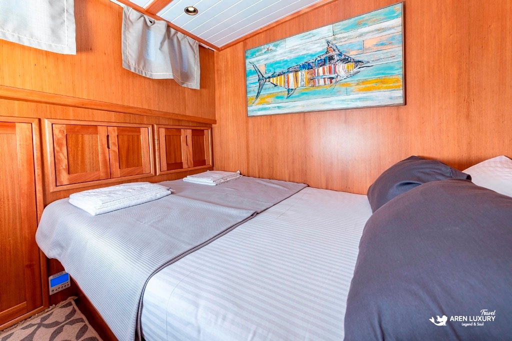 bodrum-queen-gulet-guest-cabin-art Comfortable guest cabin on the Bodrum Queen Gulet featuring natural wood walls and nautical fish artwork.