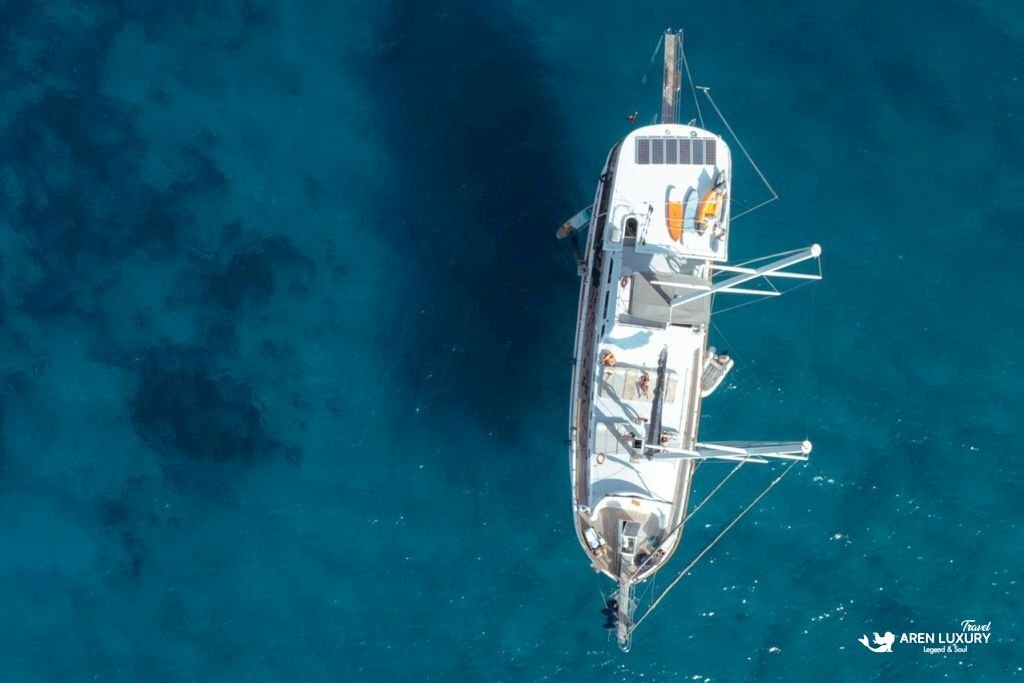 Gulet-Bodrum-Queen-Aerial-View-Turkey-Charter Top-down aerial view of the Gulet Bodrum Queen sailing through crystal clear turquoise waters.