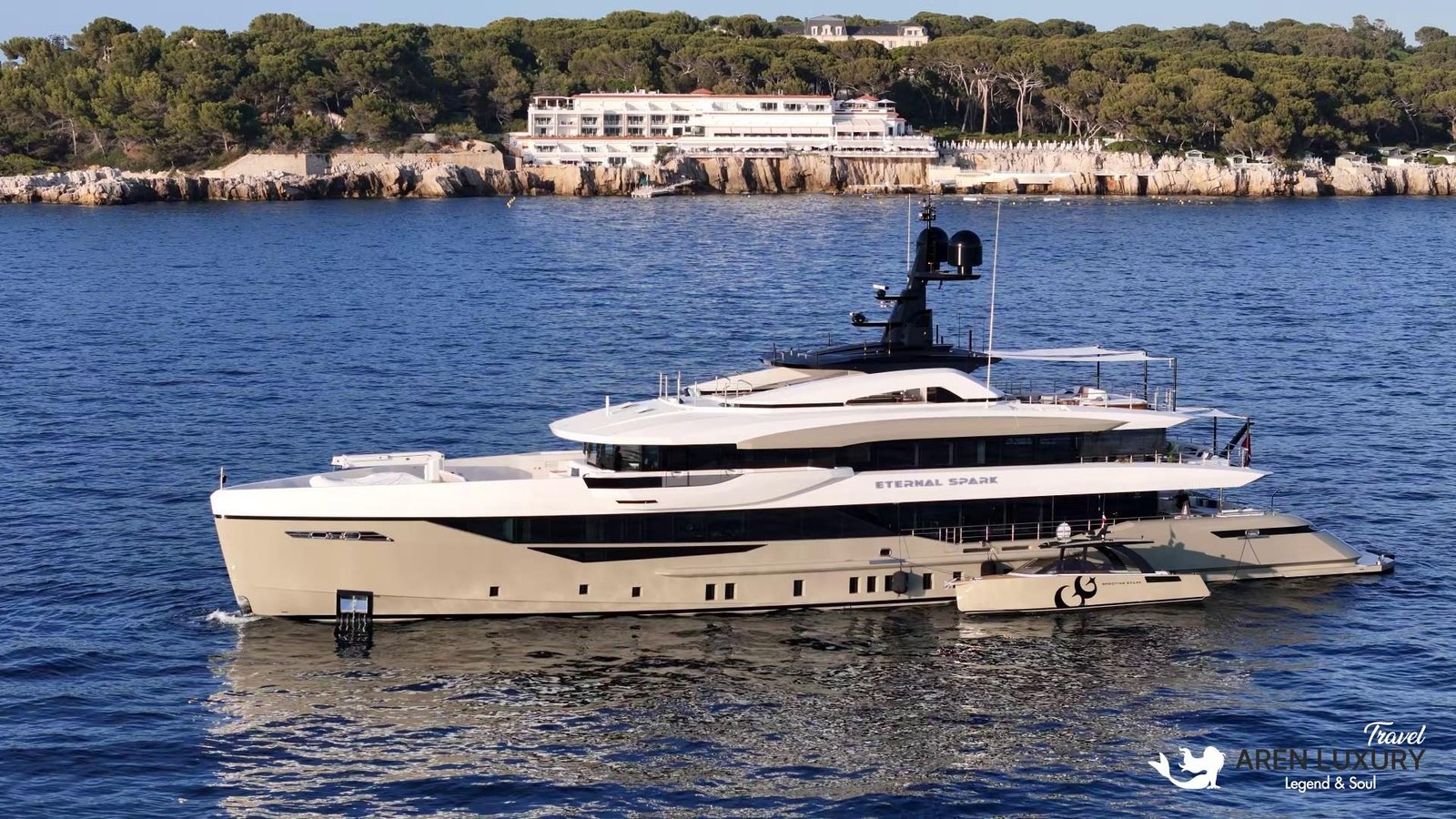 Directly overhead aerial shot of the Eternal Spark yacht, showing the sundeck layout, jacuzzi, and forward lounging areas.