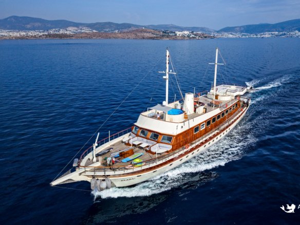 Aerial view of the Elara 1 luxury gulet yacht cruising on calm blue waters near the coast.