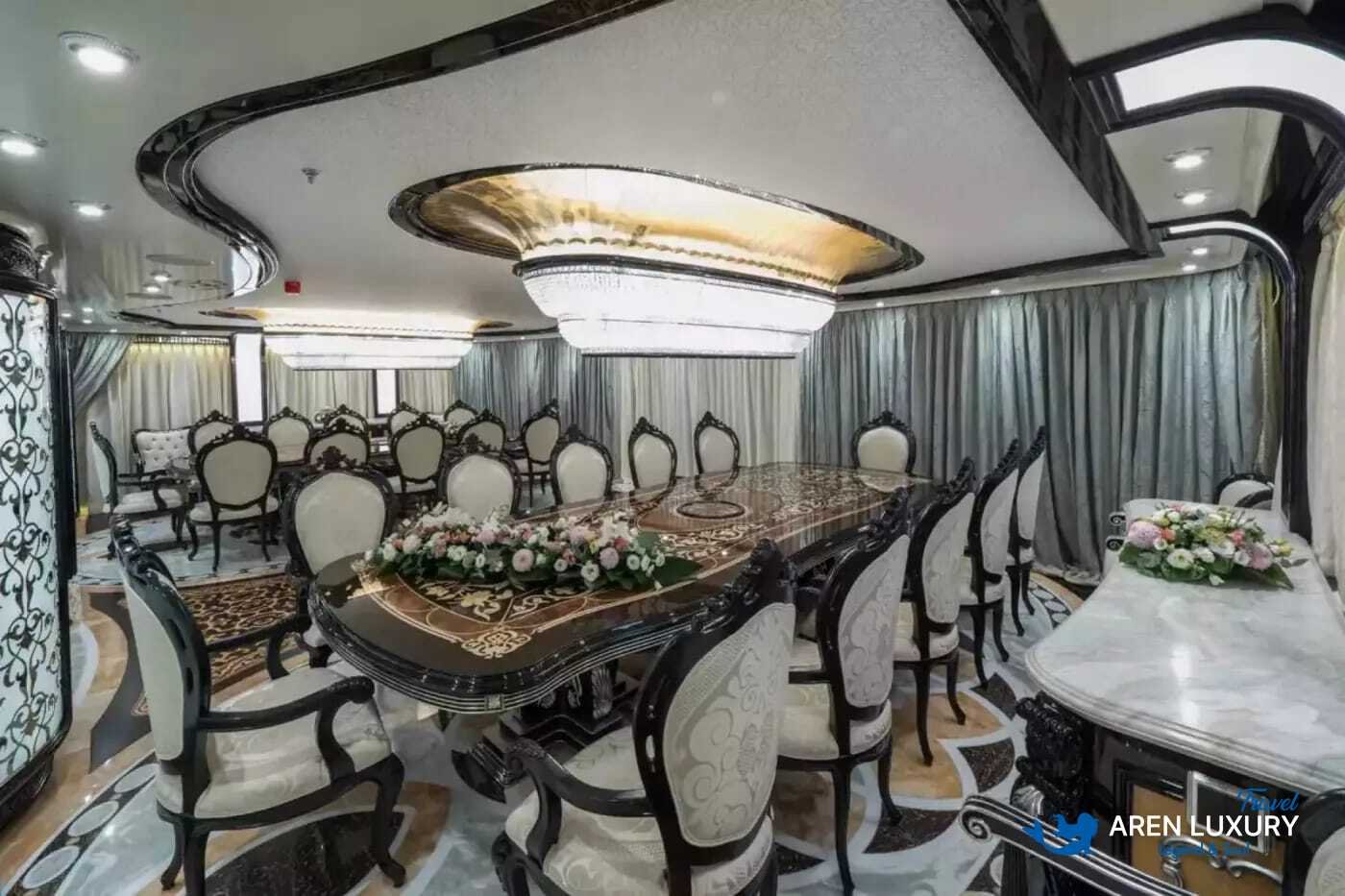 Formal dining saloon for 24 guests on an Elements yacht charter