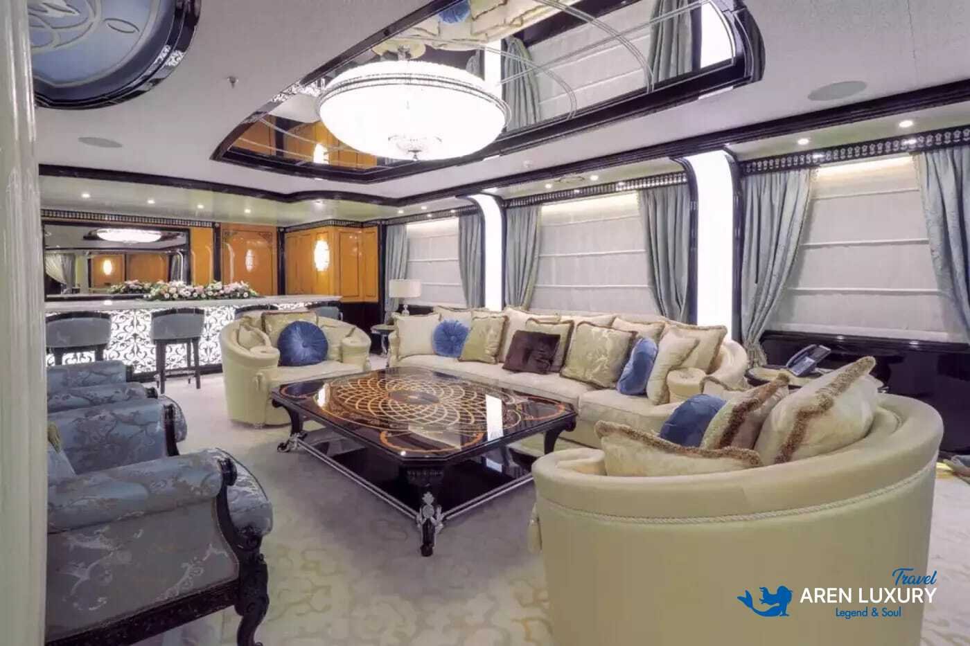 Main saloon of Elements luxury yacht with gold-leaf detailing and Cristiano Gatto design.