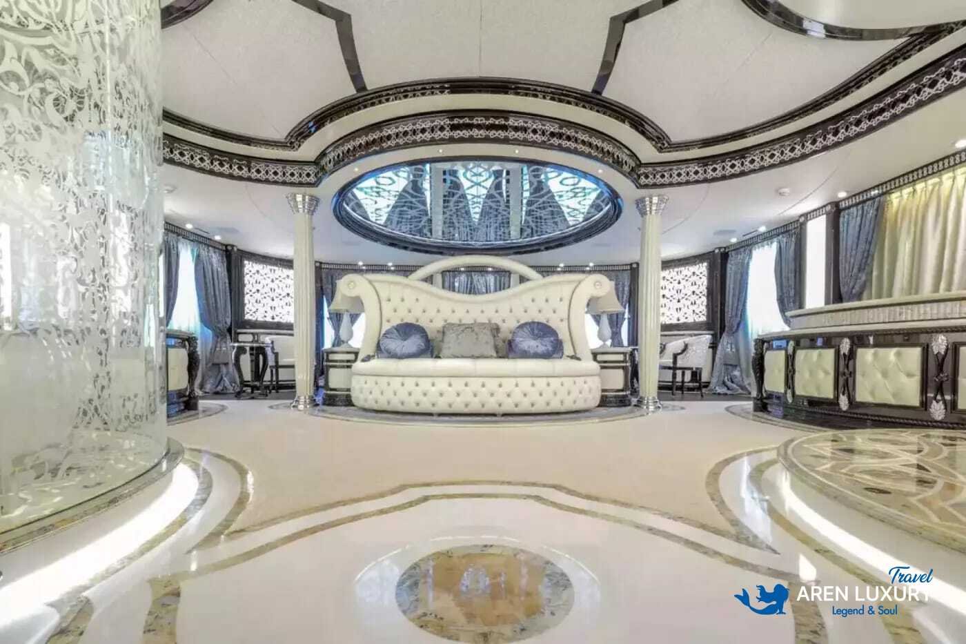 Sumptuous master suite interior of Elements yacht charter designed by Cristiano Gatto