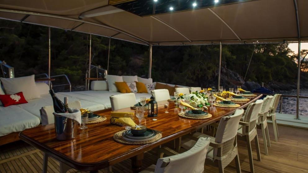 Al fresco dining area on the Grand Acar gulet, perfect for large group yacht charters.