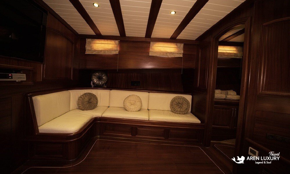 Arif Kaptan A gulet charter Turkey cozy interior lounge with luxury seating