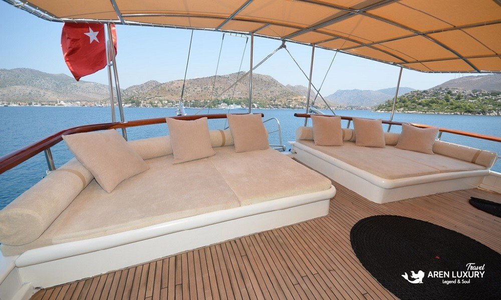 Gulet C Taner 2 Charter Turkey Aft Lounge Shaded aft deck lounge area on a Gulet C Taner 2 Charter Turkey.
