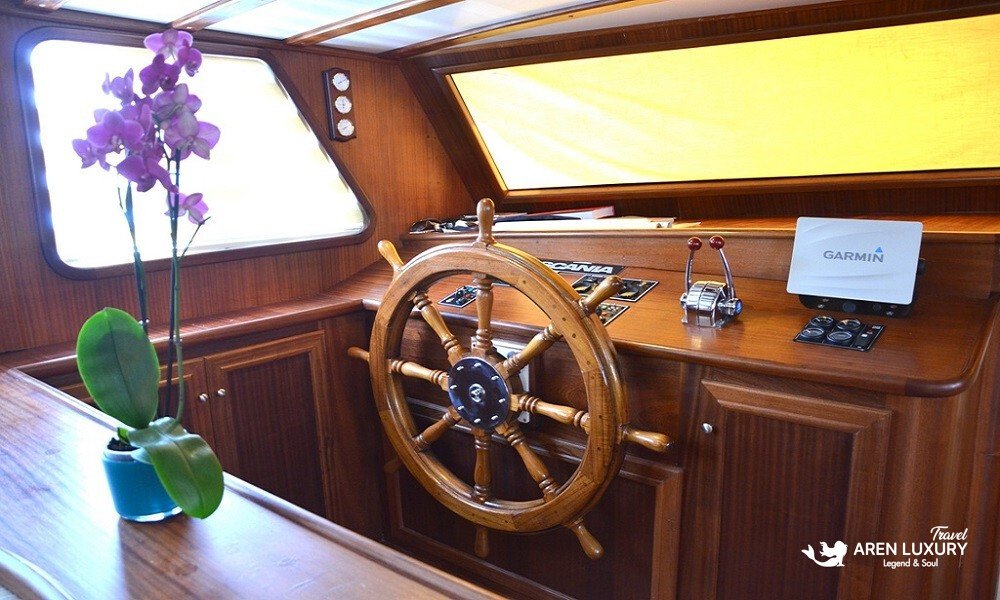 gulet-c-taner-2-turkey-charter The classic wooden helm station and navigation area on the Gulet C Taner 2 Charter Turkey.