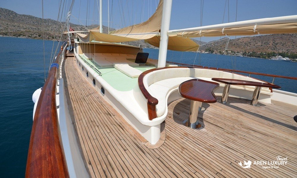 Gulet C Taner 2 Deck and Sunbeds Spacious sun deck and lounging area of the 8-cabin Gulet C Taner 2 in Turkey.