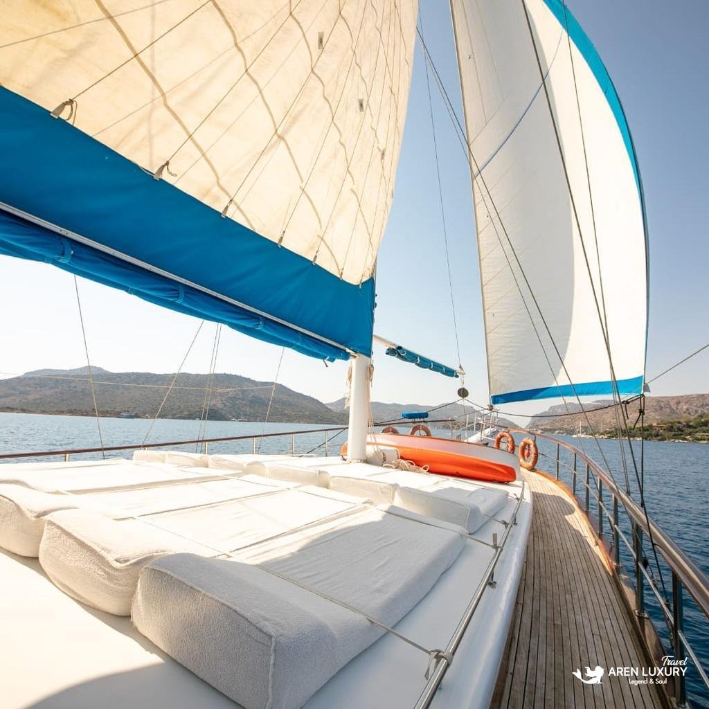 Side view of Gulet Gokce ketch-rigged sailing yacht with white sails catching the wind in the Turkish Mediterranean.