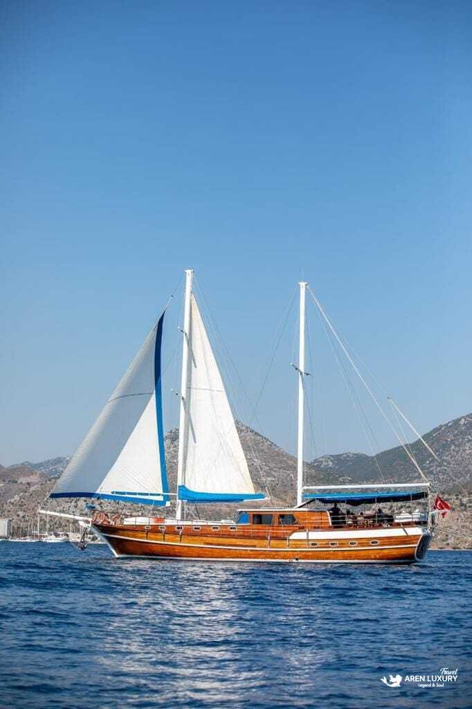 Gulet Gokce under full sail, offering a luxury gulet charter Turkey experience in the Mediterranean.
