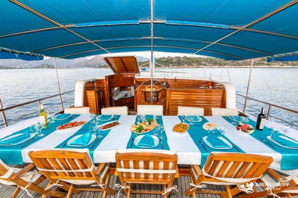 Spacious aft deck dining table on Gulet Gokce set with turquoise runners and white chairs under a shaded blue awning.