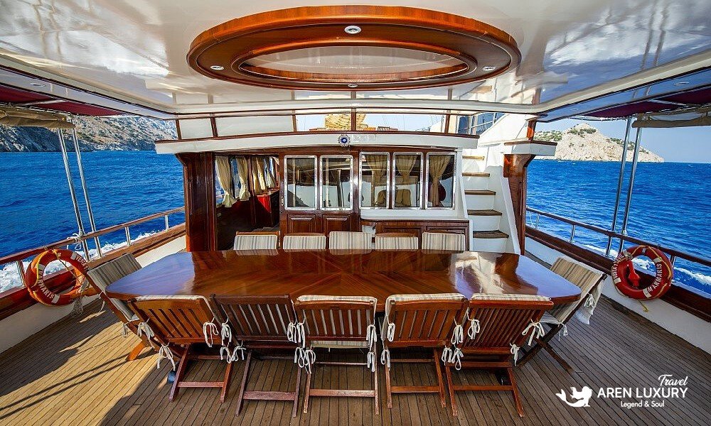 Aft deck sunset dining experience on Gulet Vesta 1 Sevil Charter Turkey