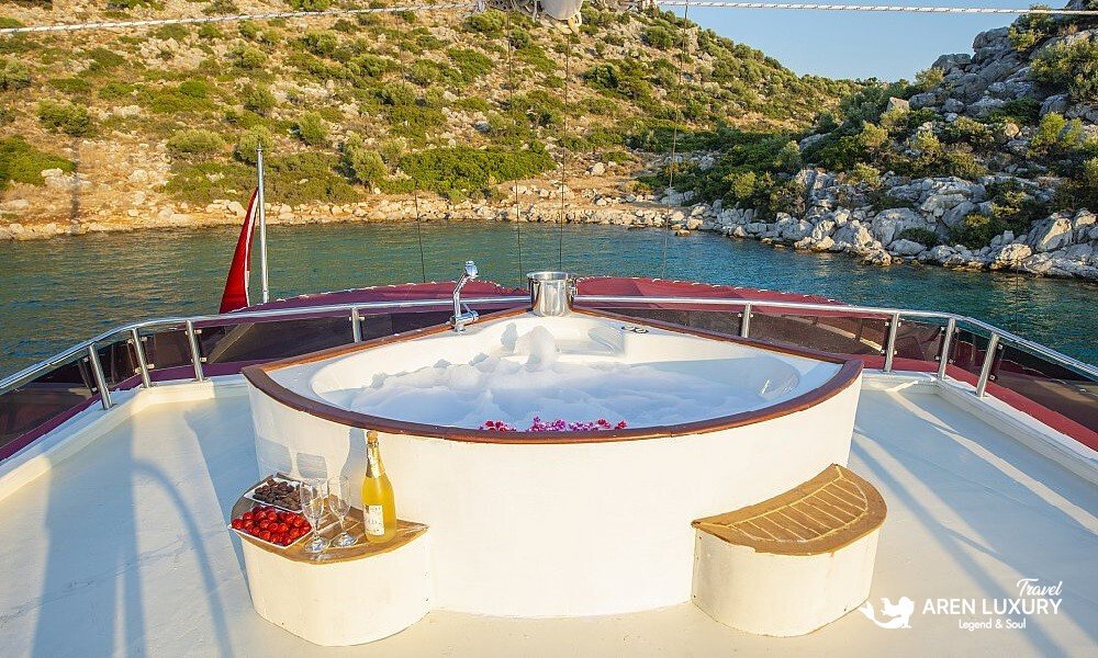 Luxury deck Jacuzzi on Gulet Vesta 1 Sevil Charter Turkey overlooking the sea