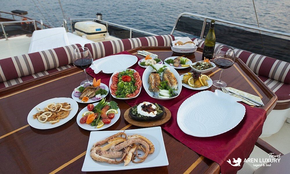 Gourmet seafood dinner served on Gulet Vesta 1 Sevil Charter Turkey