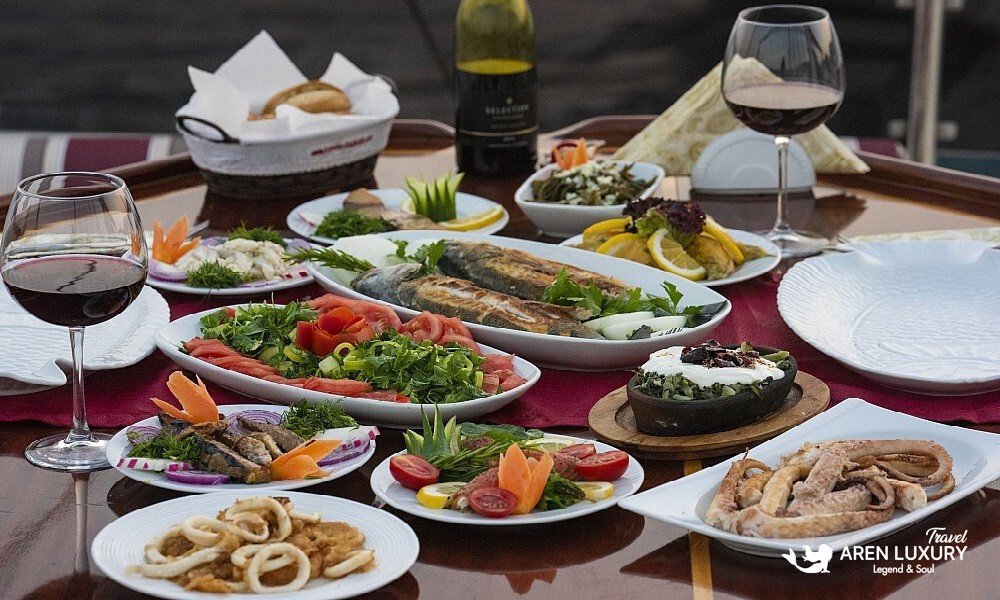 Gourmet seafood dinner served on Gulet Vesta 1 Sevil Charter Turkey