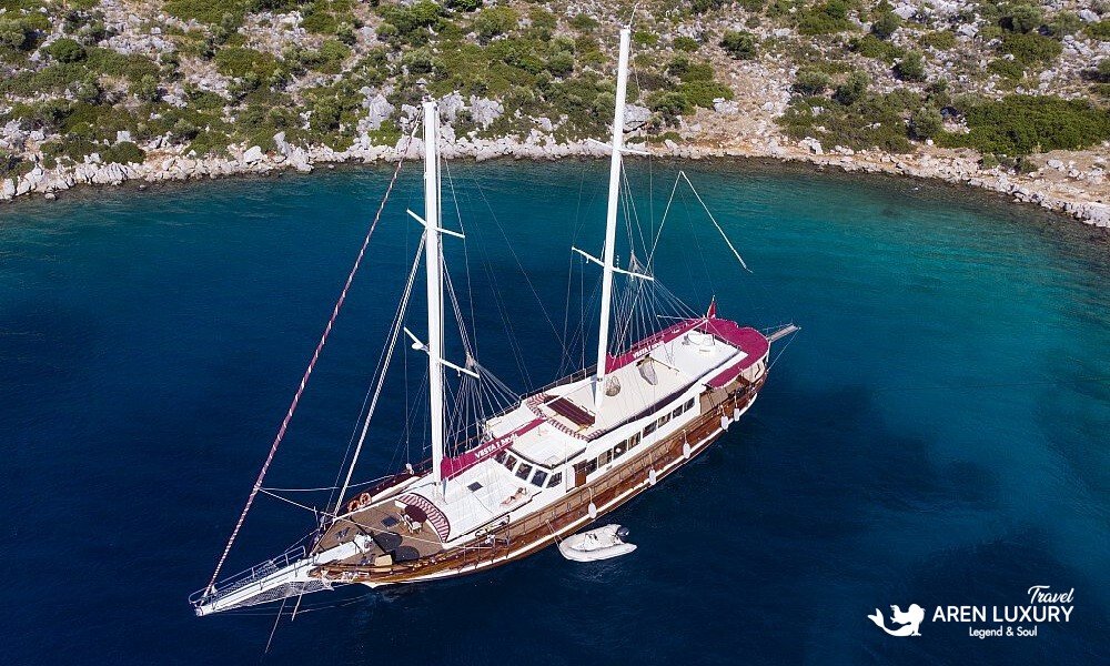 Gulet Vesta 1 luxury yacht charter Turkey aerial view in turquoise bay