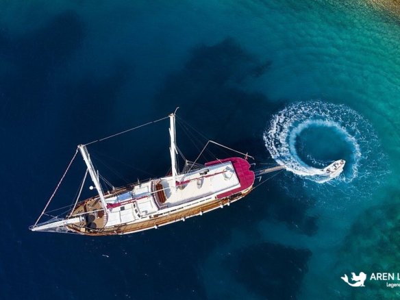 Gulet Vesta 1 yacht charter Turkey aerial view with tender boat action
