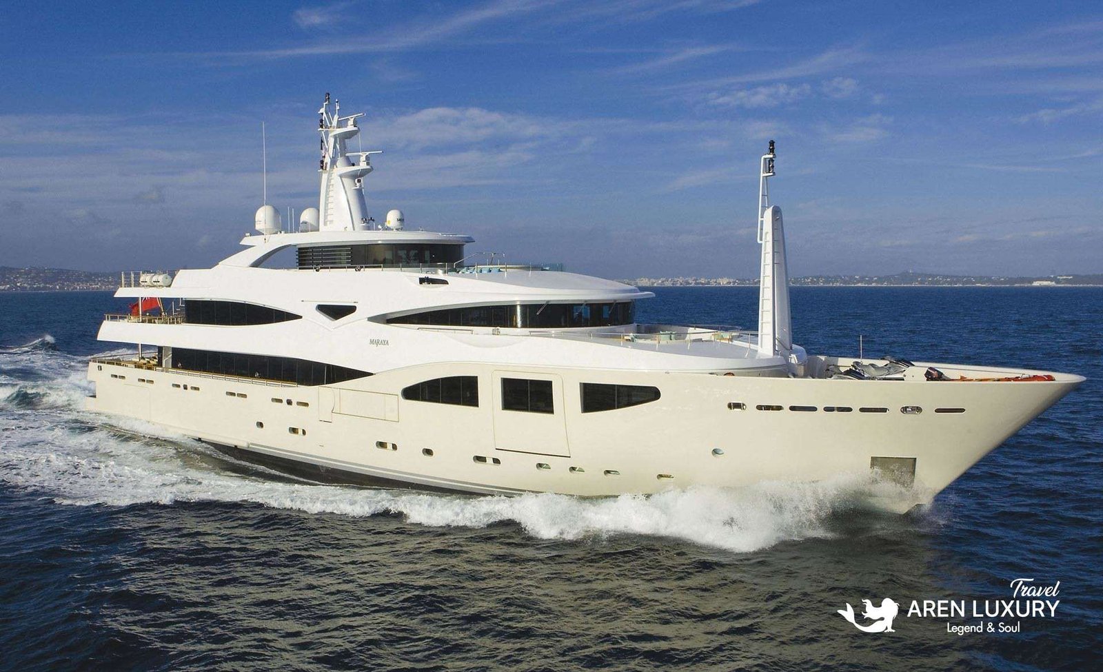 Maraya luxury motor yacht charter exterior view at anchor