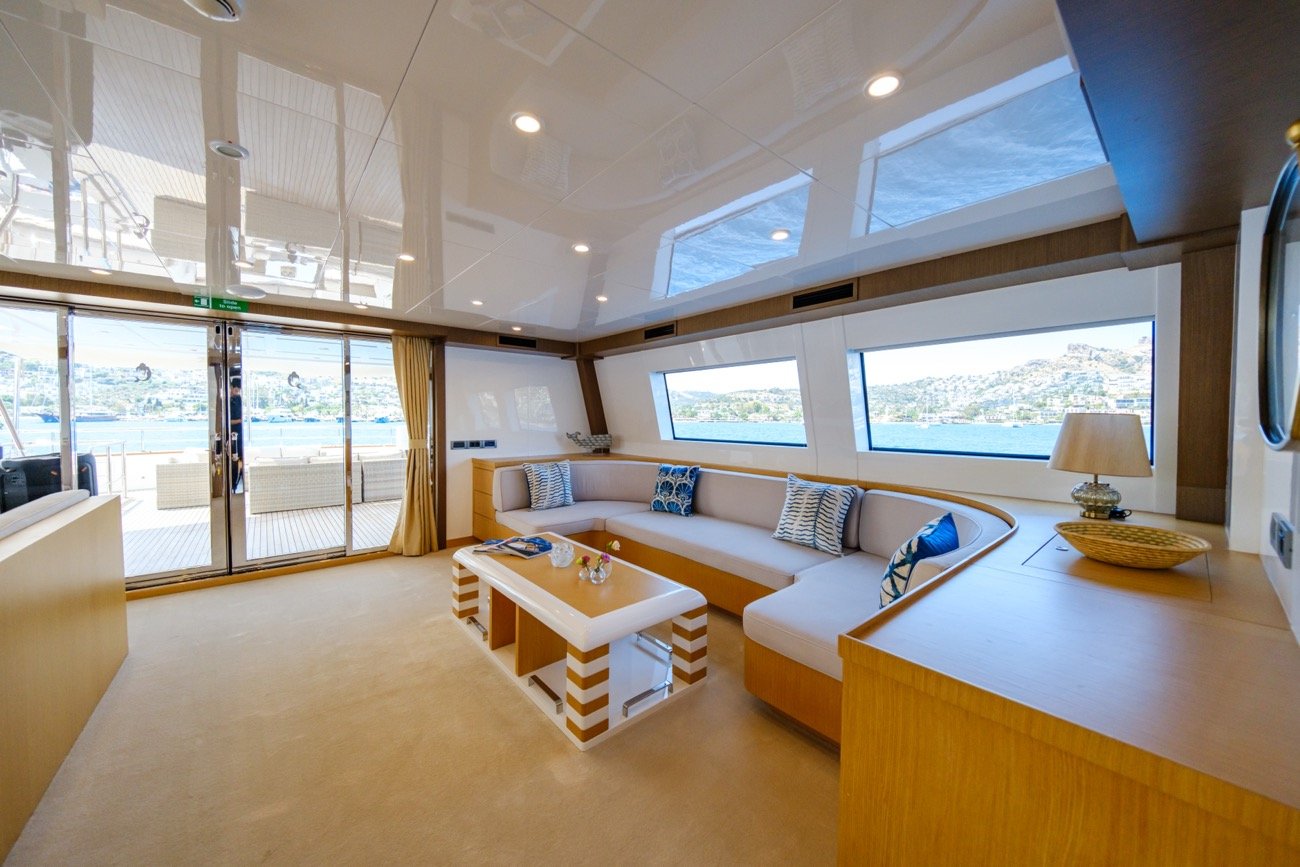 ottavia-iv-yacht-charter (20) Modern loft-style main salon of the Ottawa IV Yacht Charter.