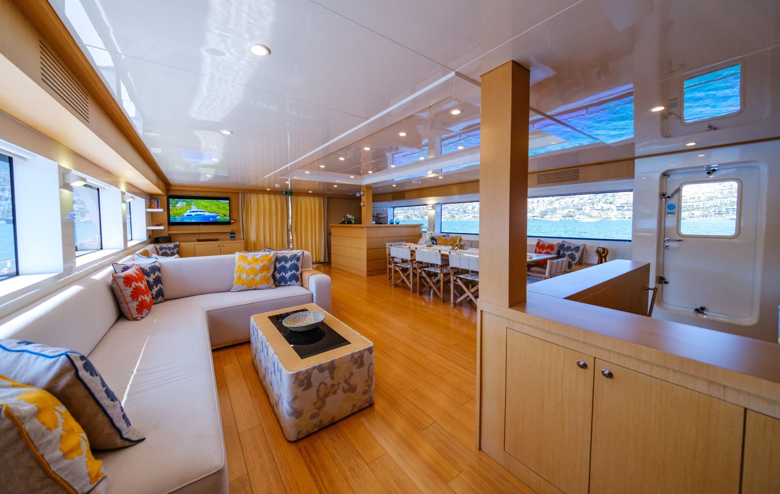 ottavia-iv-yacht-charter (39) Modern loft-style main salon of the Ottawa IV Yacht Charter.