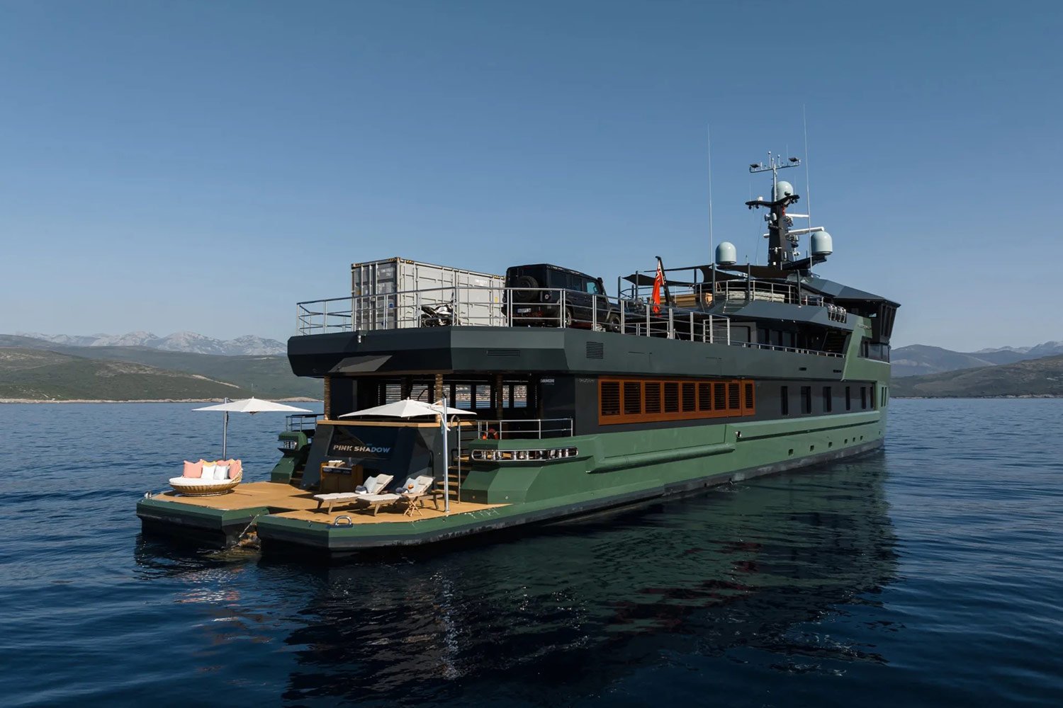 Aerial view of the Pink Shadow Damen Yacht Charter cruising in the Caribbean.