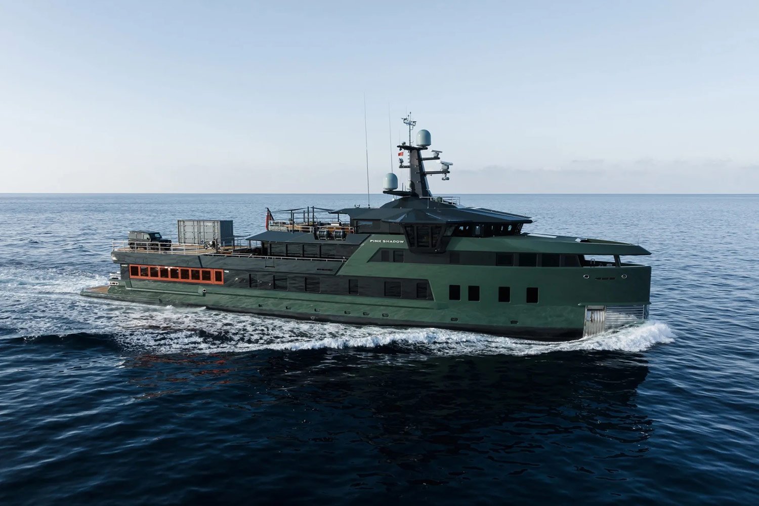 Aerial view of the Pink Shadow Damen Yacht Charter cruising in the Caribbean.