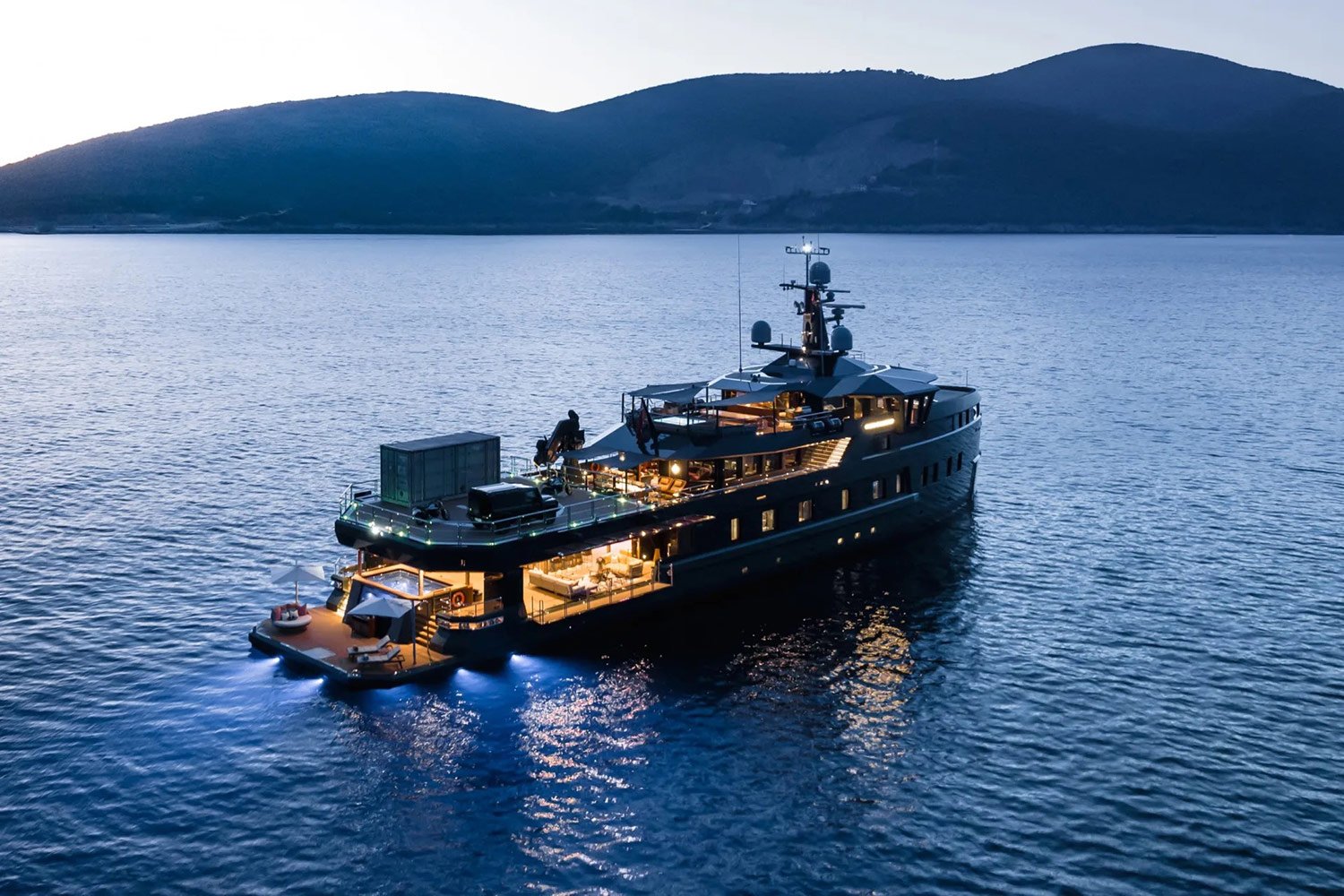 Aerial view of the Pink Shadow Damen Yacht Charter cruising in the Caribbean.