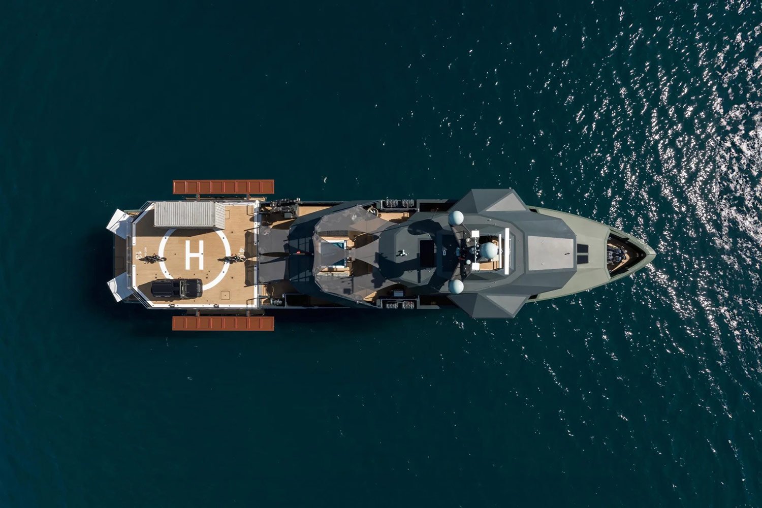 Aerial view of the Pink Shadow Damen Yacht Charter cruising in the Caribbean.