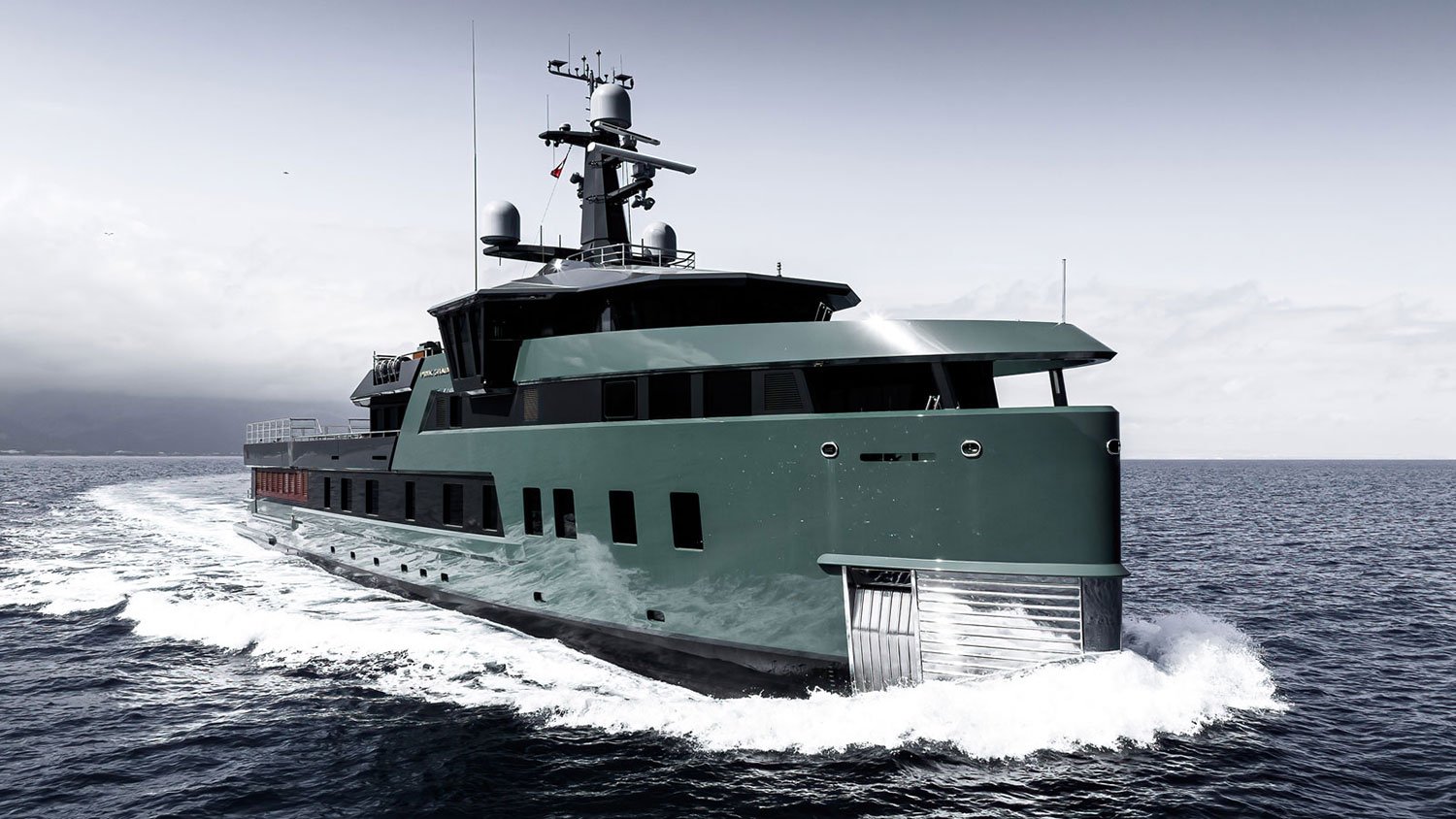 Aerial view of the Pink Shadow Damen Yacht Charter cruising in the Caribbean.