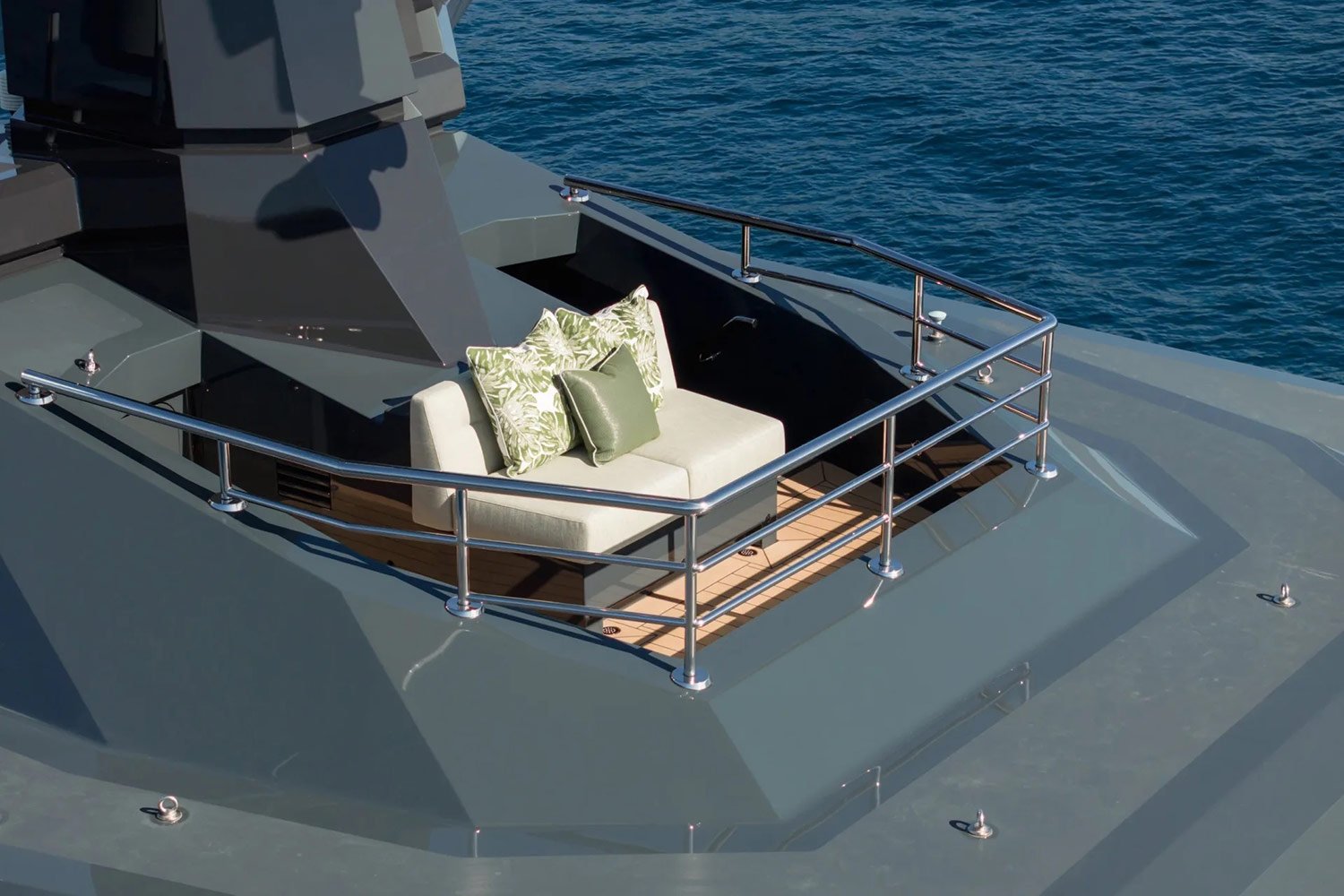 Aerial view of the Pink Shadow Damen Yacht Charter cruising in the Caribbean.