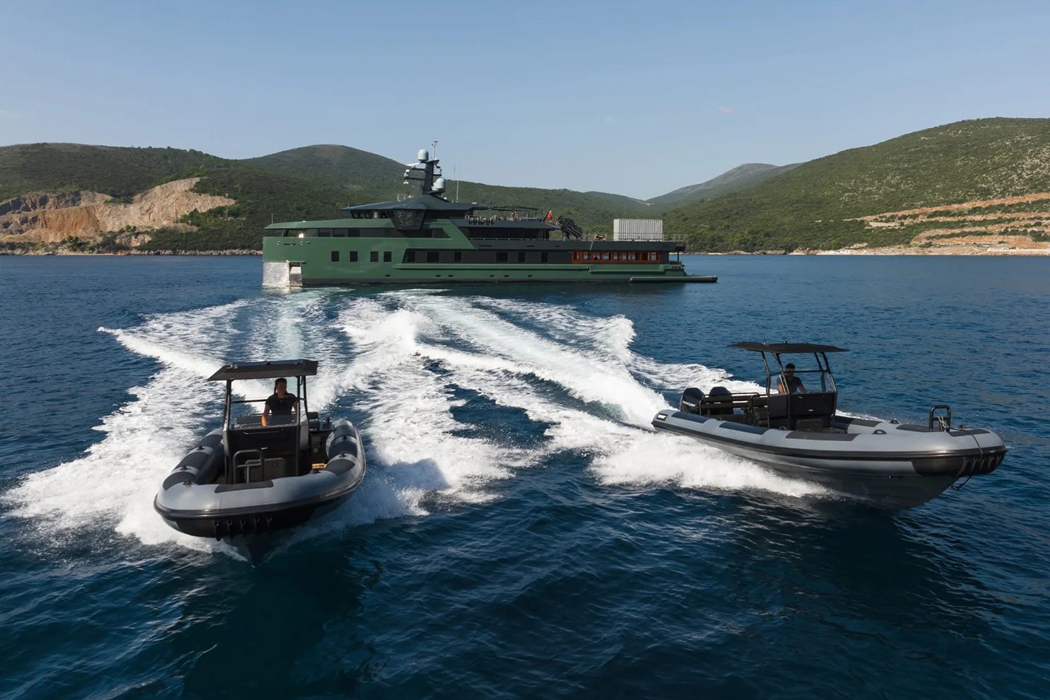 Aerial view of the Pink Shadow Damen Yacht Charter cruising in the Caribbean.