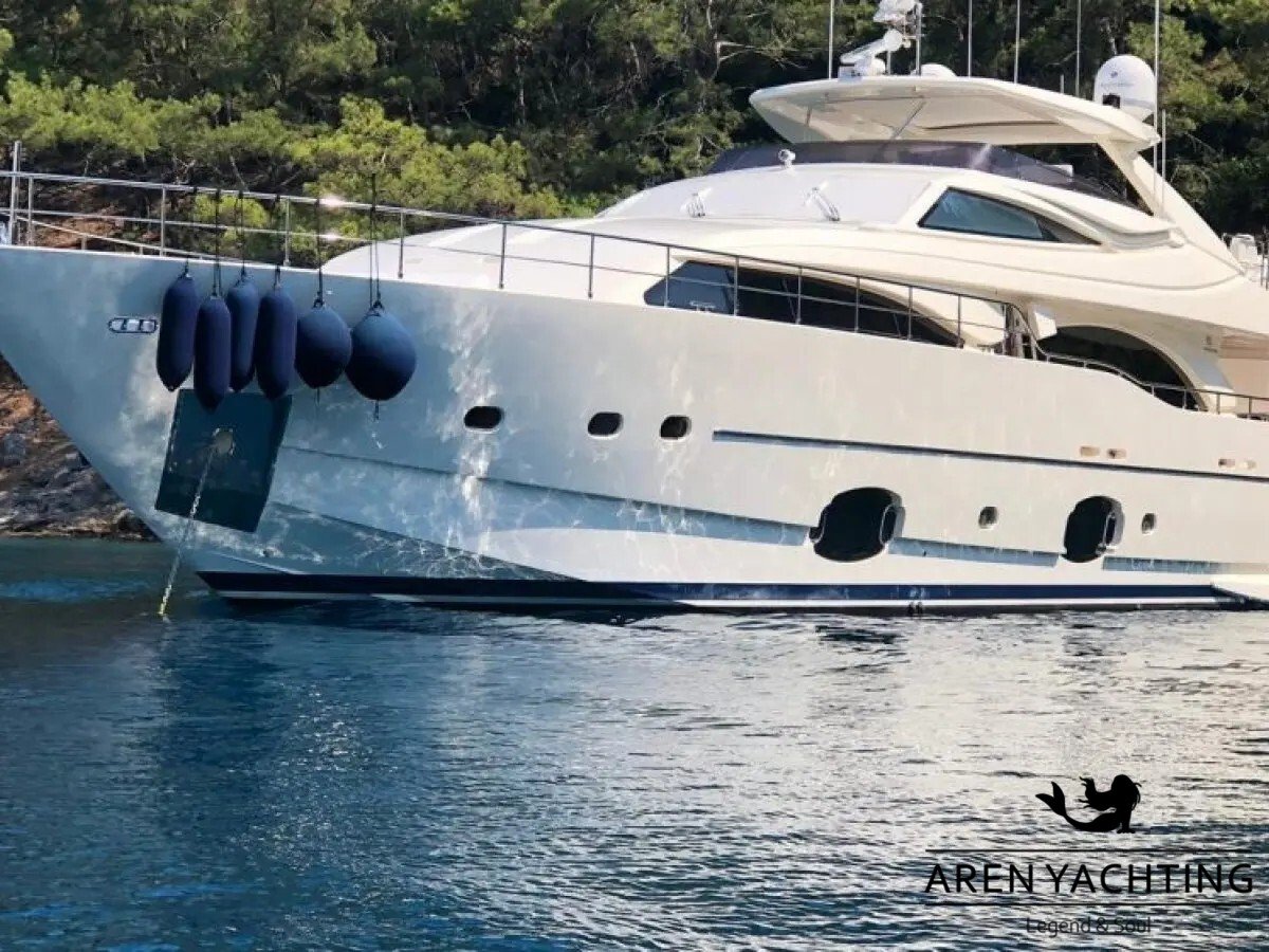 FUNDA D luxury motor yacht anchored in a secluded bay near Göcek, Turkey, showcasing her elegant exterior design