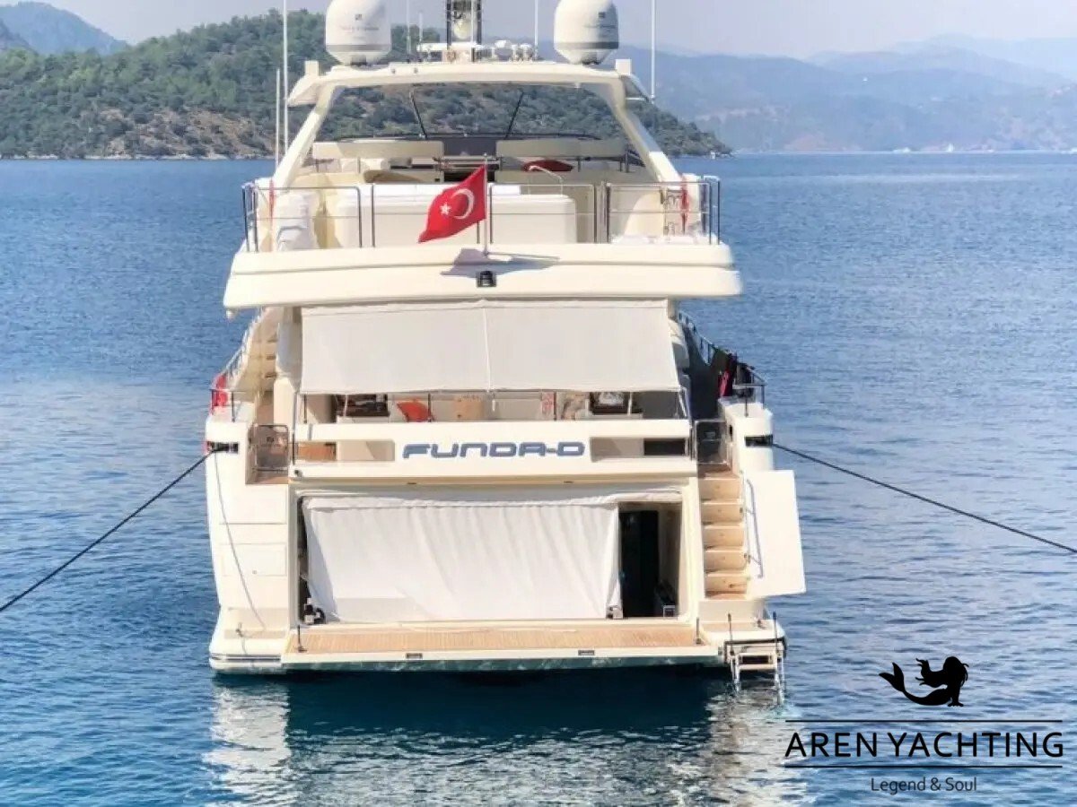 Rear view of the FUNDA D luxury motor yacht available for charter in Göcek, Turkey.