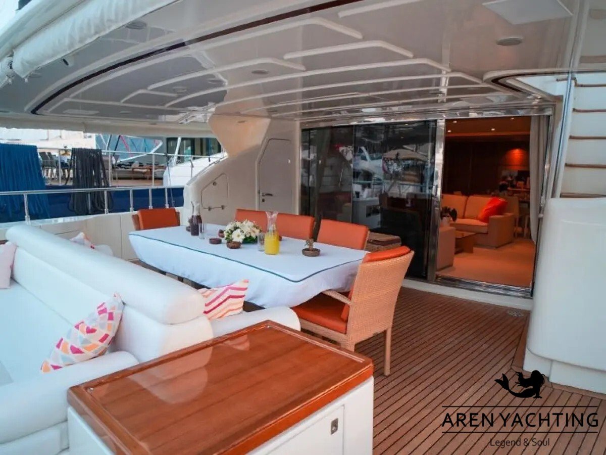 Aft deck outdoor dining table and luxury seating setup on the FUNDA D motor yacht in Göcek.